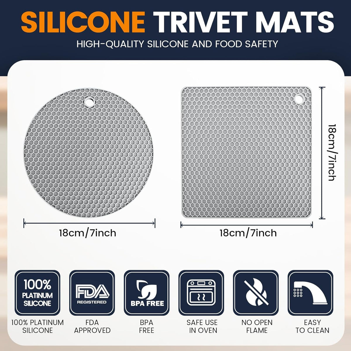 Silicone Trivet Mats 4 Heat Resistant Pot Holders Multipurpose Non-Slip Hot Pads for Kitchen Potholders, Drying mat, Jar Opener, Spoon Holder, Coaster(Nordic Grey)