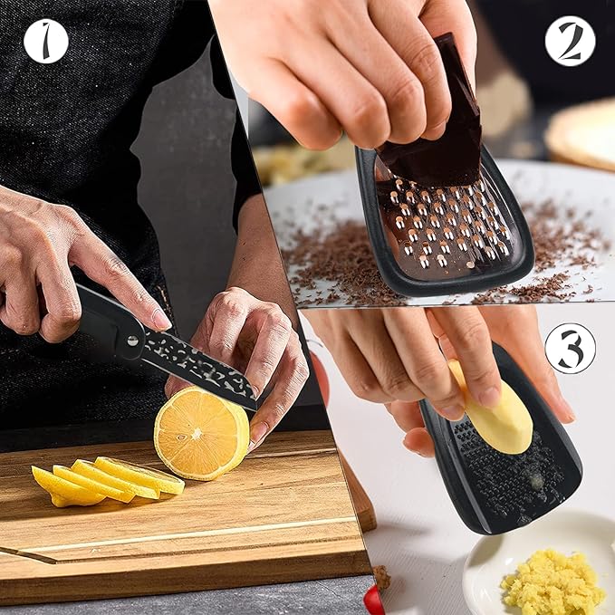 Kitchen Gadgets Set 6 Piece, Space Saving Kitchen Utensils Stainless Steel Accessories Cheese Grater, Bottle Opener, Pizza Cutter, Vegetable Peeler, Paring Knife, Garlic Grinder, Burlap Bag Gift(BLK)