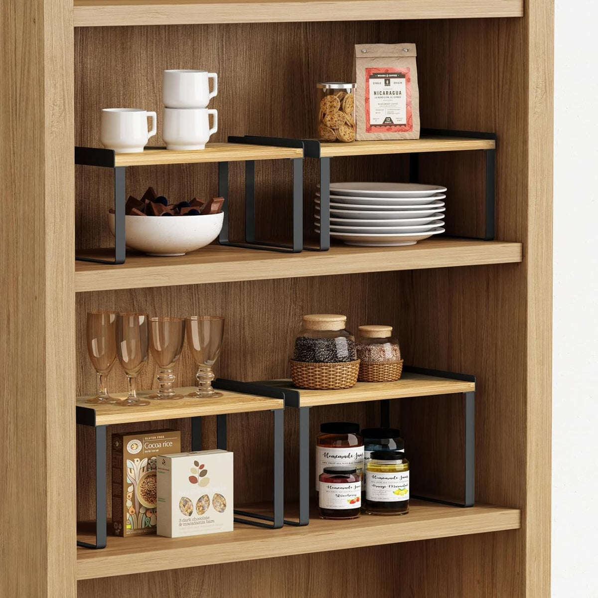 Kitchen Cabinet Organizer Shelves Set of 4, Expandable Counter Shelf Rack for Plate Dish Cup Mug Spice, Stackable Shelf Riser for Pantry Cupboard Desk Top Corner Storage (Bamboo, Black)