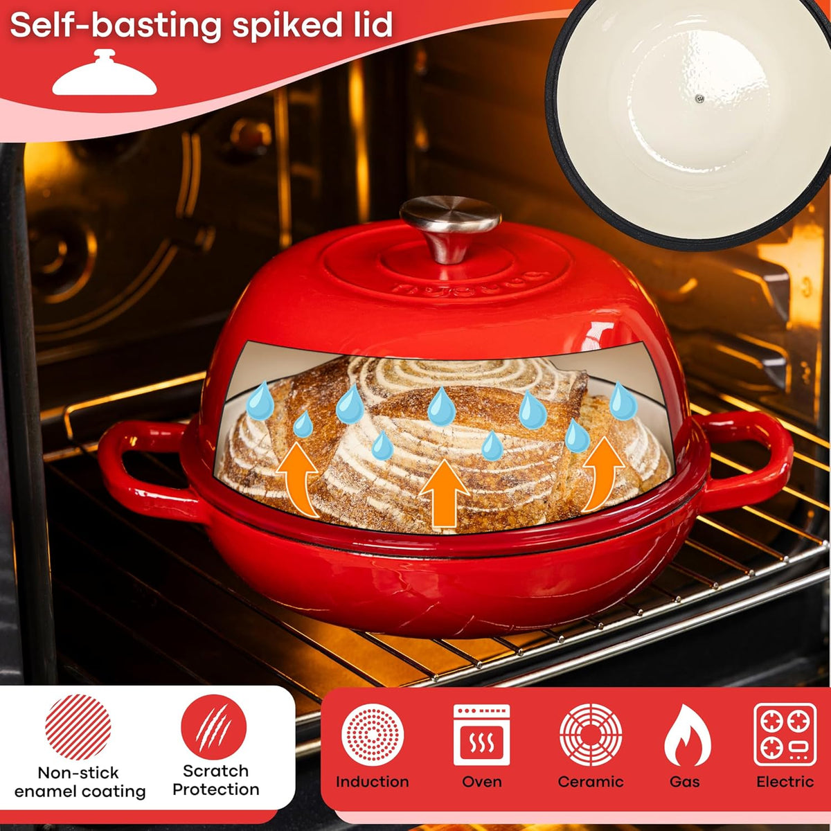 Enamelled Cast Iron Dutch Oven Pot – Dutch Oven For Sourdough Bread Baking – Cast Iron Bread Pot – Red, 6 Quarts, 22cm – by Nuovva