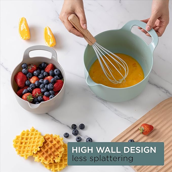 COOK WITH COLOR Nesting Plastic Mixing Bowl Set with Pour Spouts and Handles, Ombre Mint, 4 Piece Non-Slip