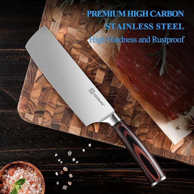 KEEMAKE Nakiri Knife 7 Inch - Sharp Meat Cleaver with High Carbon Stainless Steel Blade, Japanese Kitchen Vegetable Cooking Knife with Ergonomic Pakkawood Handle and Gift Box Included