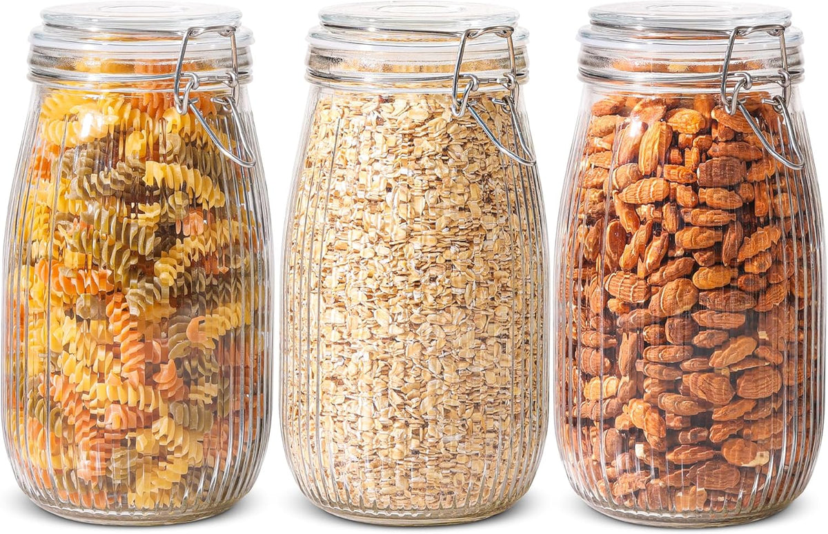 ComSaf Airtight Glass jar with lid 51oz Set of 3, Glass Storage Containers with Lids, Large Glass Canister, Striped Clip Fastening Jar for for Canning, Flour, Pasta,Coffee Beans, Cereal, Rice, Pickle