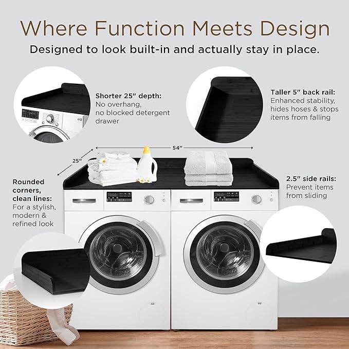 Solid Bamboo Washer Dryer Countertop, Laundry Wood Shelf Topper with Non-Slip Pads, Edge Rails and High Back Rail for Laundry Room Storage & Organization, Washer Dryer Counter Storage, 25"W x 54" L