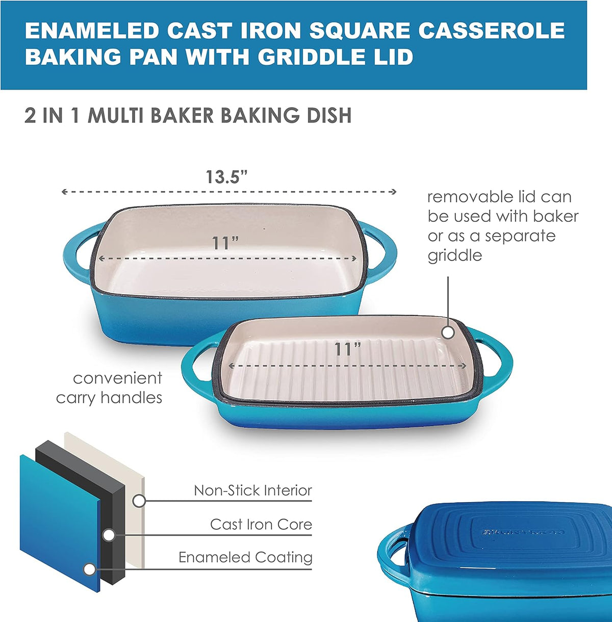 Bruntmor 2-in-1 Pre-Seasoned Square Cast Iron Dutch Oven with Dual Handles, Non Stick Pan with Grill, All-in-One Cookware Set, Cast Iron Casserole Dish with Lid for Braising Dishes,Caribbean Blue