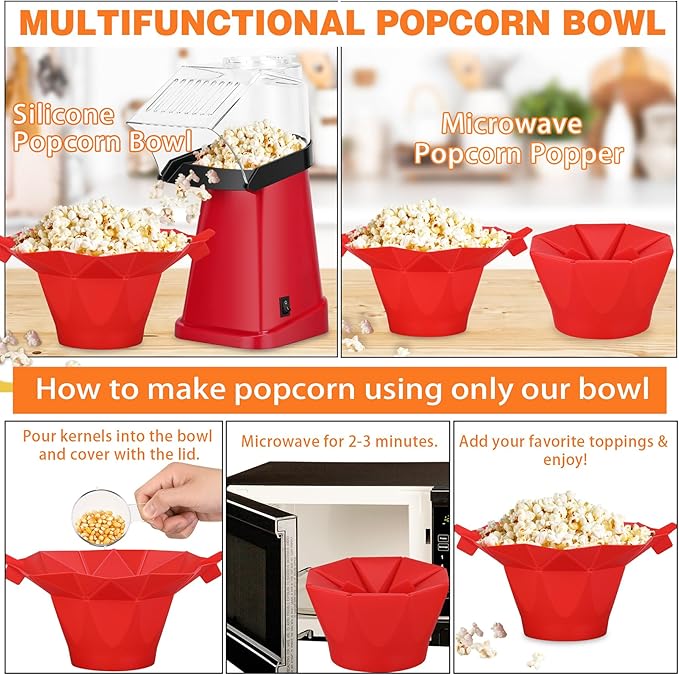 Hot Air Popcorn Popper Maker with Popcorn Bowl, Fast Popcorn Machine in Minutes with Measuring Cup and Butter Melting Tray for Party Kids,1200W