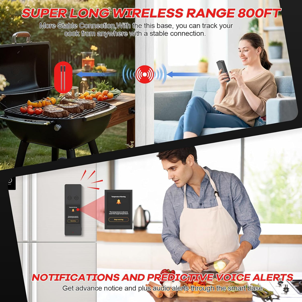 800FT Wireless Meat Thermometer Digital with 2 Upgraded Ultra-Thin Probe, Large Touchscreen, Kitchen Food Thermometer for Cooking Oven, Smoker, Rotisserie, BBQ(No App to Download)