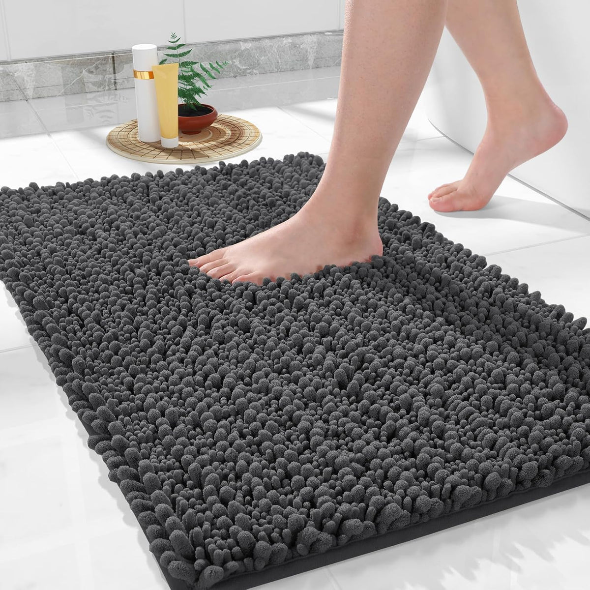 Yimobra Large Bathroom Rugs Non Slip Washable 36x24 Inch - Ultra Soft Absorbent Chenille Bath Mat, Quick Dry Shaggy Floor Carpet for Tub Shower, Dark Gray Home Decor Accessories