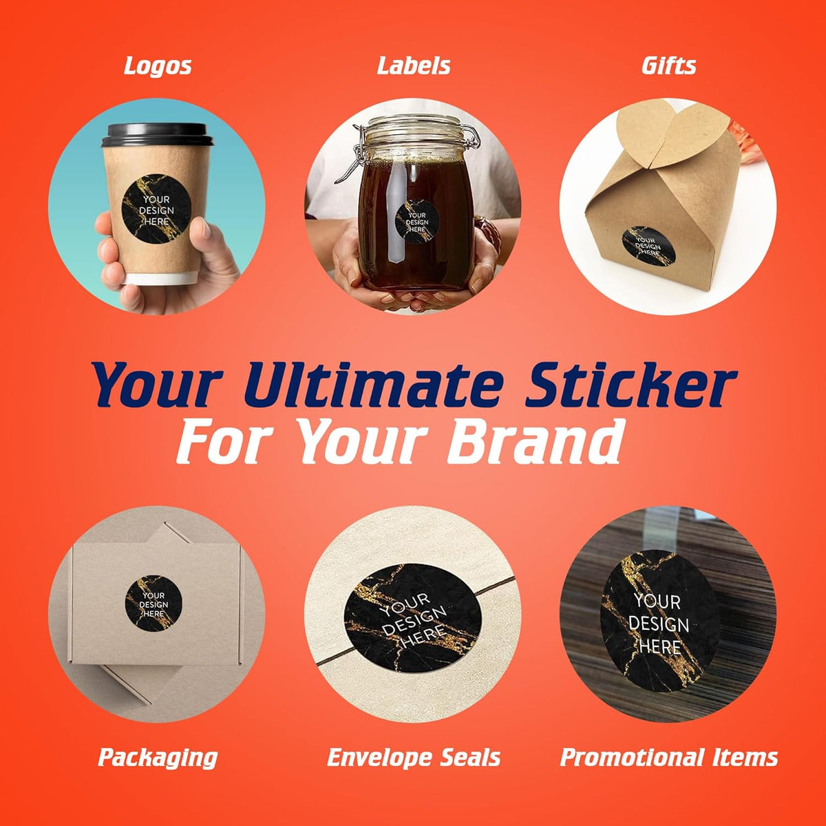 100 Custom Vinyl Stickers - Upload Your own Image, Text, Design, Logo - Personalized Logo Labels for Handmade, Packaging, Bottle, Jars, Candle, Brand Stickers (Black Gold Marble, 1.5x1.5)