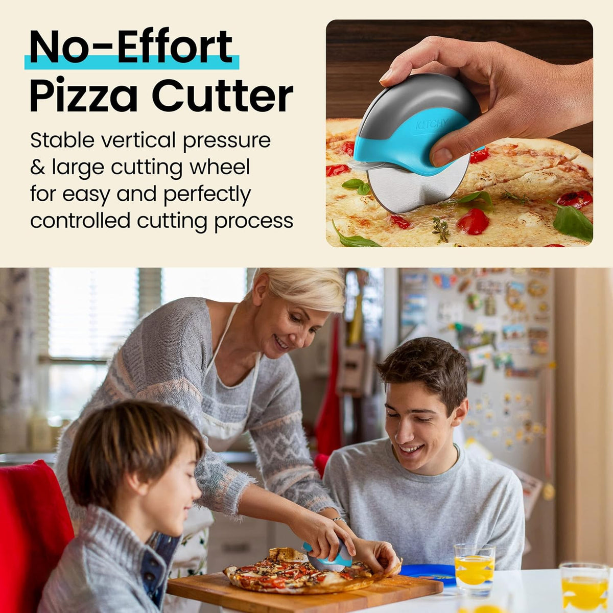 Kitchy Pizza Cutter Wheel with Protective Blade Cover, Ergonomic Pizza Slicer (Blue)