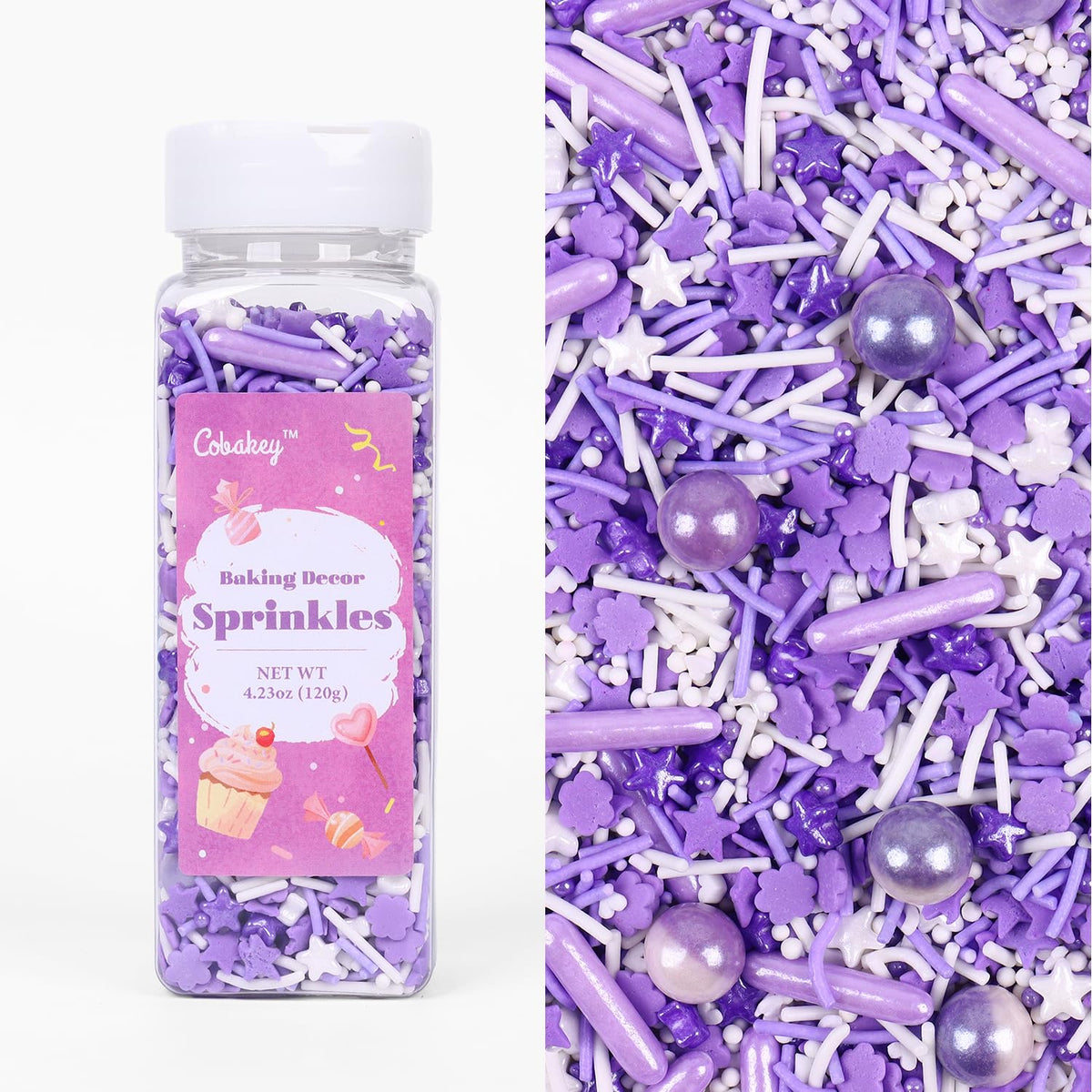 Purple Sprinkles for Cake Decorating 4.23ounce - Sugar Mix Contains Star & Pearl Sprinkles for Cupcake Toppers, Ice Cream, Candy, Cookie Decorations - Holiday Party Supplies