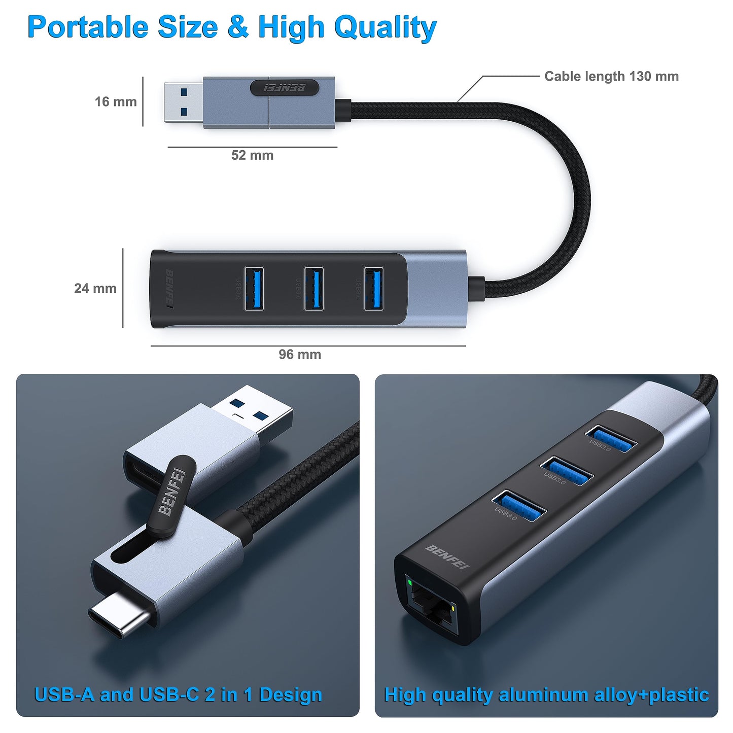 BENFEI 4in1 USB-C/USB 3.0 to Ethernet Adapter with 3*USB 3.0 Ports Compatible for iPhone 15 Series, MacBook Pro/Air 2023/2022/2021/2020/2019 and More