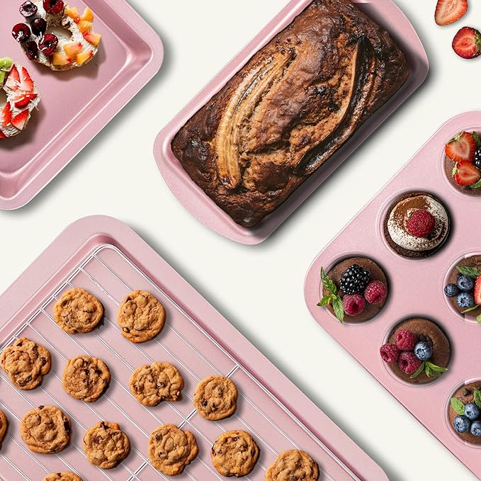KITESSENSU Baking Pans Sets, Nonstick Bakeware Sets 7-Piece with Round/Square Cake Pan, Loaf Pan, Muffin Pan, Cookie Sheet, Roast Pan, Cooling Rack, Carbon Steel Bake Set Pink