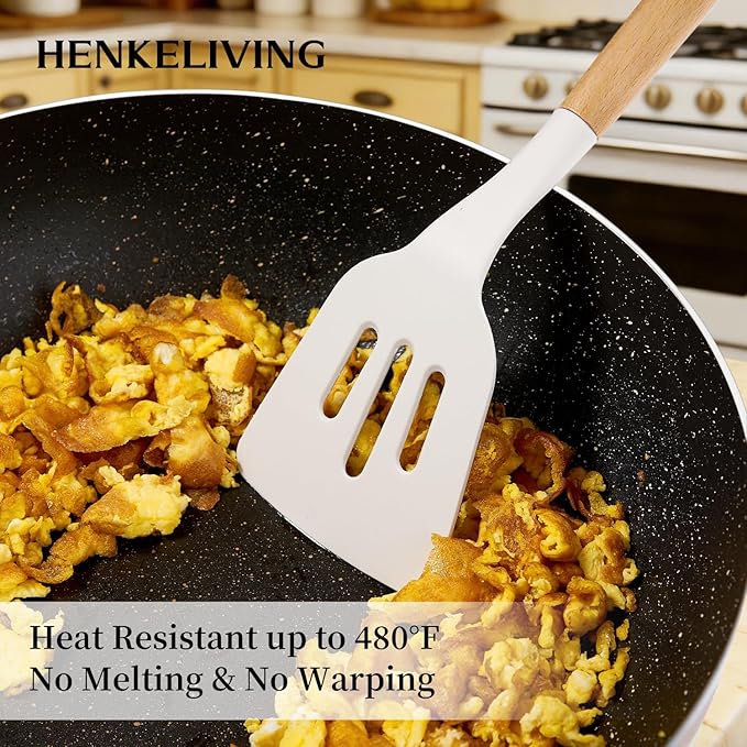 Silicone 10 Pcs Kitchen Cooking Utensils Set, Recycled Materials Certification, BPA Free Spatula Set with Heat Resistant Wood Handles for Nonstick Cookware, Cream White
