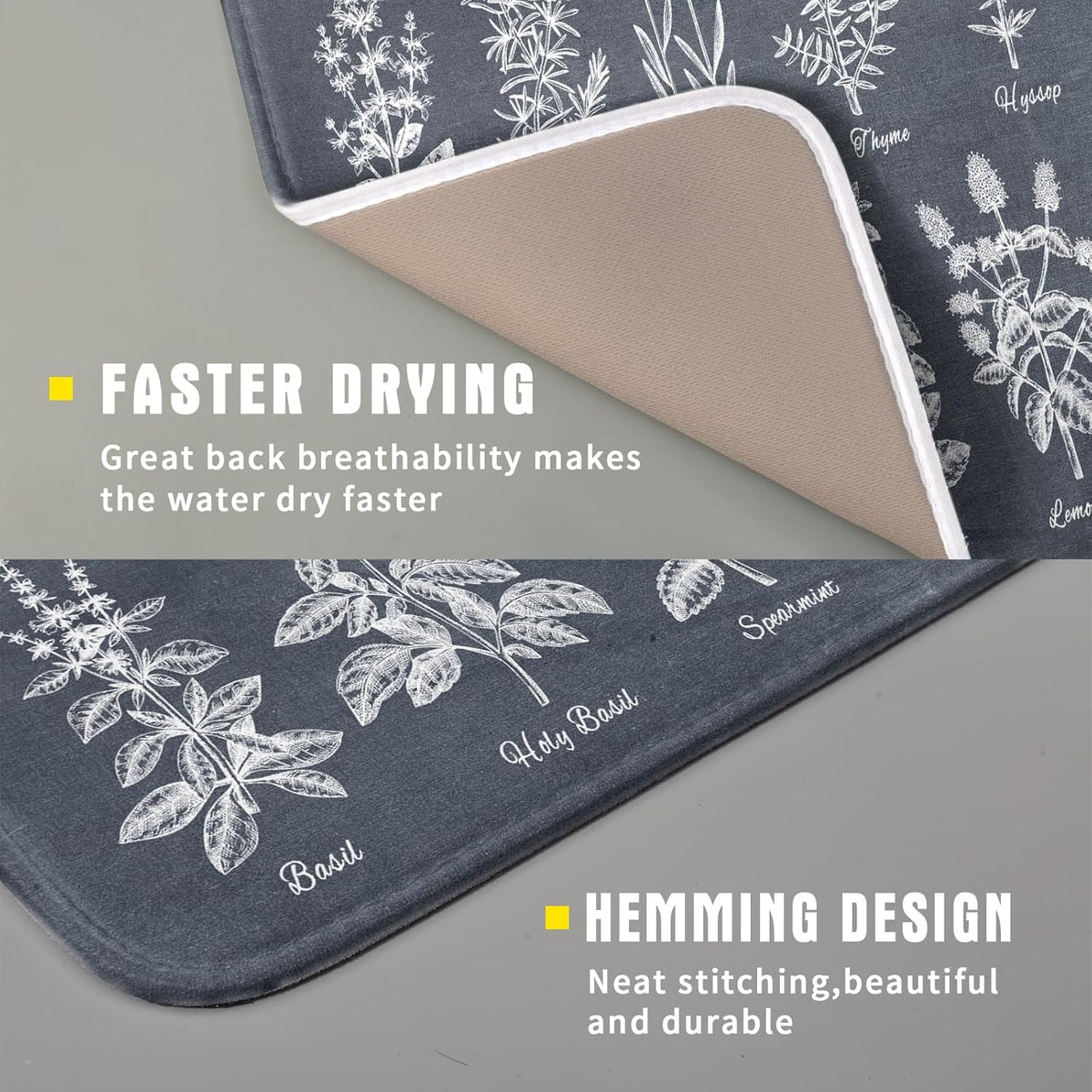 Flower Herbs Dish Drying Mat Wild Plant Dish Rack Mat with Hanging Loop Fast Dry Dish Drainer Pad for Kitchen Counter Sink 16x18 Inch