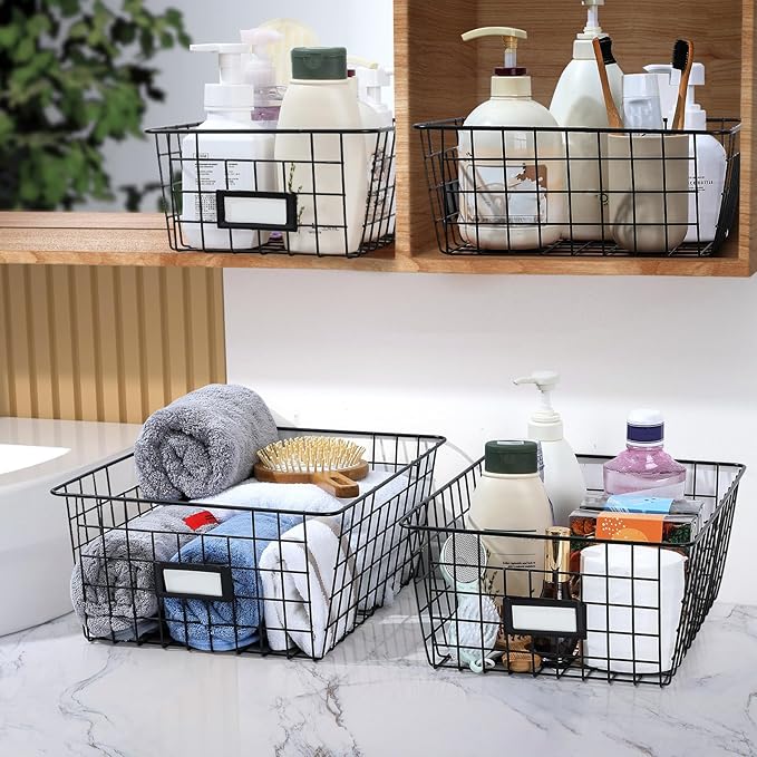8 Set, Extra Large Wire Baskets for Organizing with Lables, Cabinet Pantry Organization and Storage Bins - Metal Basket for Kitchen, Laundry, Garage, Fridge, Bathroom Countertop Organizer, Black