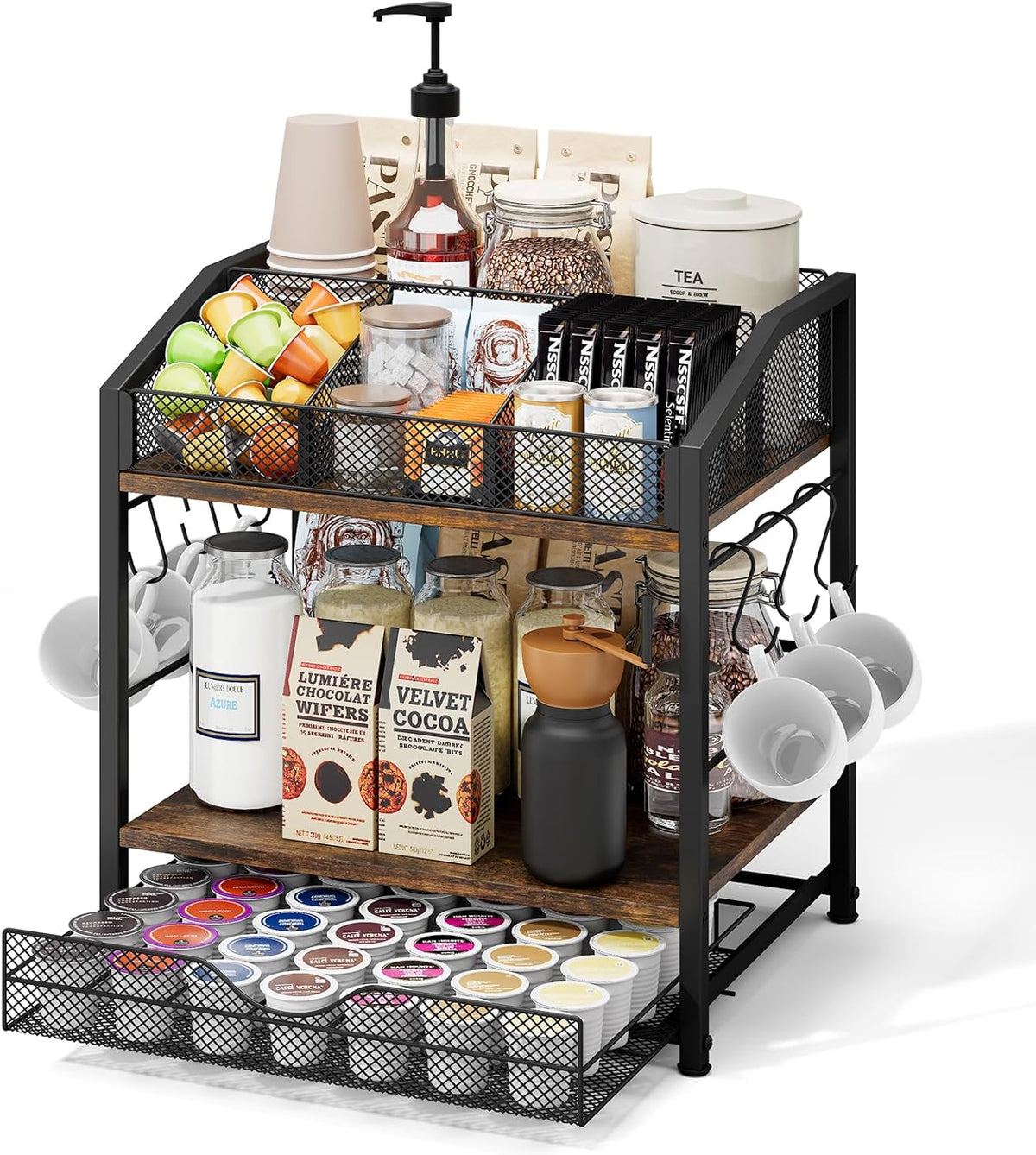 Coffee Bar Organizer - Countertop Coffee Station, 42 K Cup holder Storage Basket with Drawer and Hooks for Syrup, Cups, Stirrer, Condiment, Tea Organizer, Black and Brown