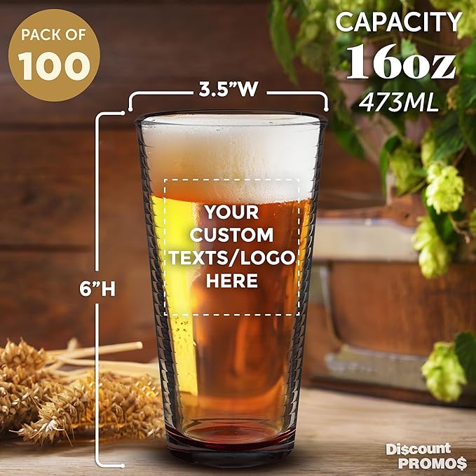 Custom Spiral Pint Glass 16 oz. Set of 100, Personalized Bulk Pack - Beer Glasses, Heavy Duty Drinkware - Red