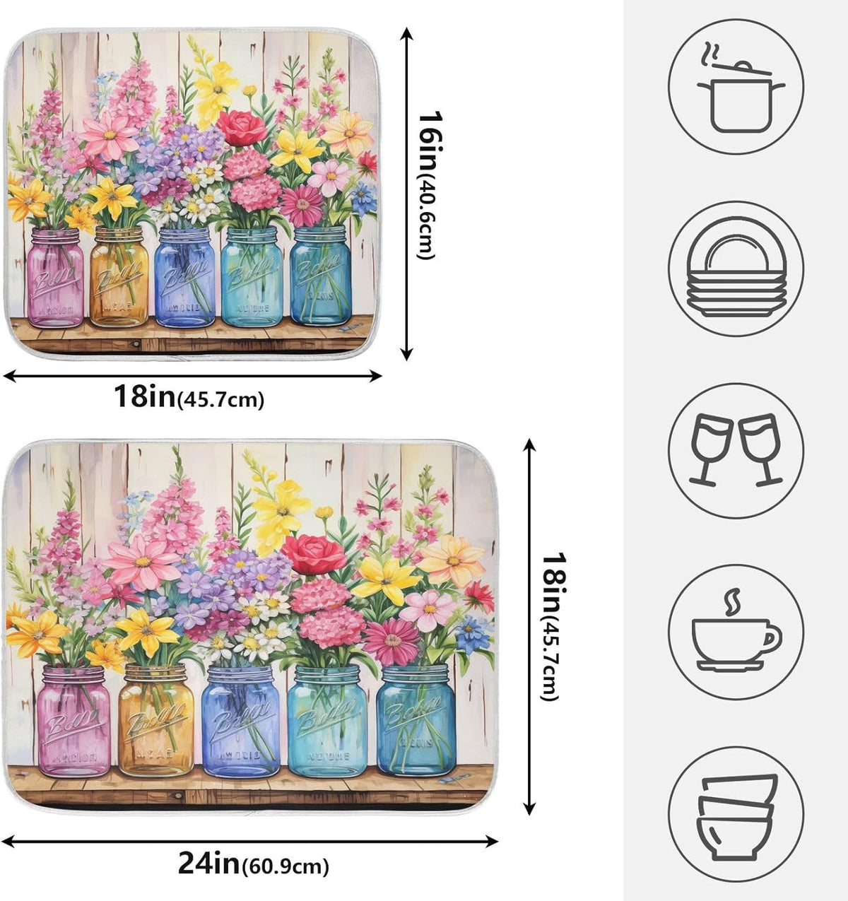 Spring Floral Jars Rustic Dish Drying Mat for Kitchen Counter Absorbent Microfiber Small Drying Pad Flowers Dish Mats for Kitchen Countertops 16 x 18 Inch