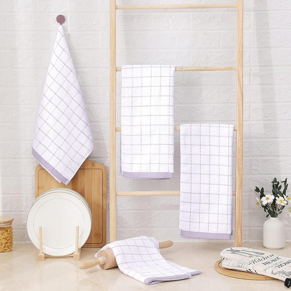 Homaxy 100% Cotton Terry Kitchen Towels(White, 13 x 28 inches), Checkered Designed, Soft and Super Absorbent Dish Towels, 4 Pack