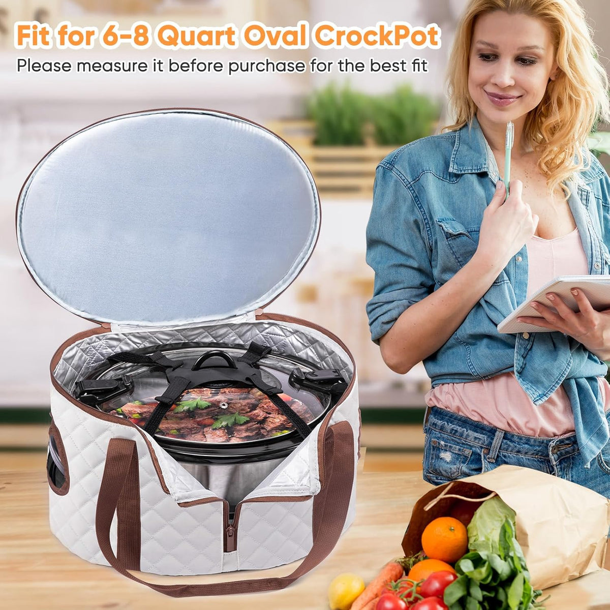BAGSPRITE Double-layer Slow Cooker Carrying Case Compatible with 6-8 Quart Crockpot Carrier for Hot Food and Hamlton Beach Slow Cooker Tote with Lid Fastener for Crock-pot Dust Cover Applicances