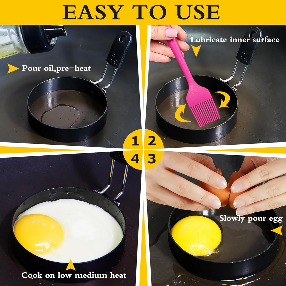 2 packs 3.5'' Egg Rings Set with Silicone Handle, Stainless Steel Egg Cooking Rings,Nonstick，For Frying Eggs and Egg Mcmuffins, Egg Mold For Breakfast