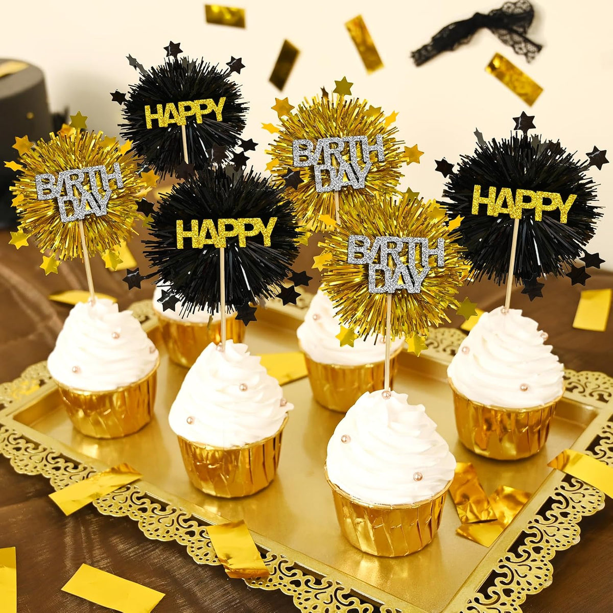 LOLStar 12 PCS Happy Birthday Cake Toppers, Black and Gold Foil Cupcake Toppers, Glitter Tinsel Cupcake Decor, Food Picks Drink Stirrers Cocktail Toothpicks for Celebrating Party Supplies
