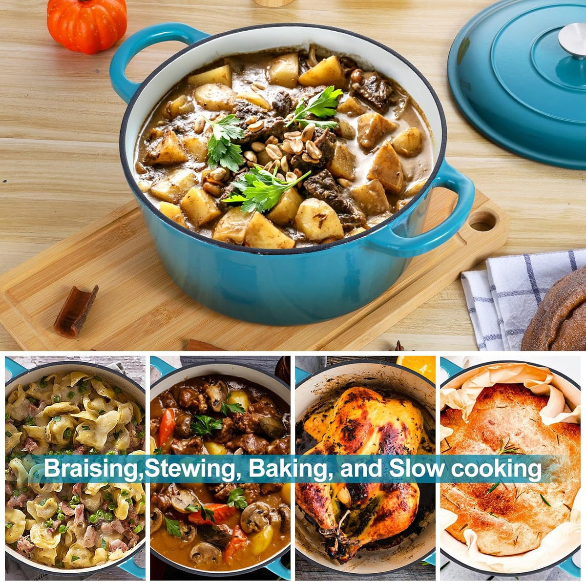 E-far 6 Quart Dutch Oven, Enameled Cast Iron Dutch Oven Pot with Lid, Nonstick Round Cookware for Braising/Stews/Roasting/Bread Baking/Cooking, Heavy Duty, Induction & Oven Safe - Teal Mist