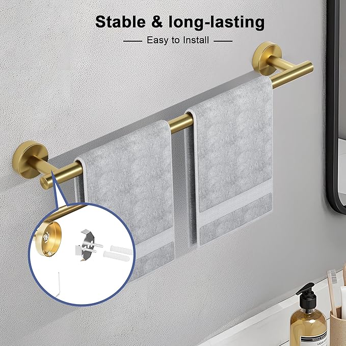 Brushed Gold Towel Bar, 14 Inch Towel Racks for Bathroom Wall Mounted, SUS304 Stainless Steel Bathroom Towel Holder, Total Length 16.4 Inch Towel Bars
