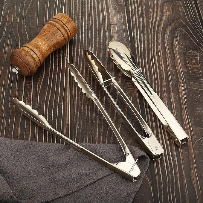 MSY BIGSUNNY 9 Inch Food Tongs for Cooking and Serving- Aluminum Kitchen Utensil - Set of 3 (silver)