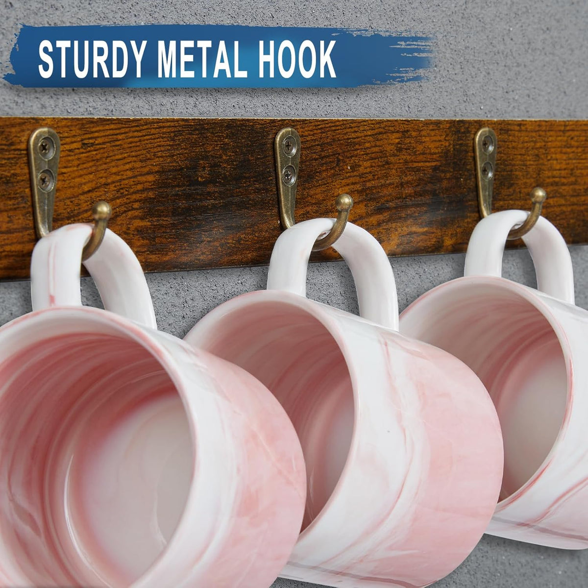 Mug Racks for Wall, Coffee Mug Holder Wall Mount Up to Hold 24 Mugs, Coffee Mug Rack Wall Mounted（3Pack） for Kitchen, Home, Coffee Bar, Rustic Wood and Iron