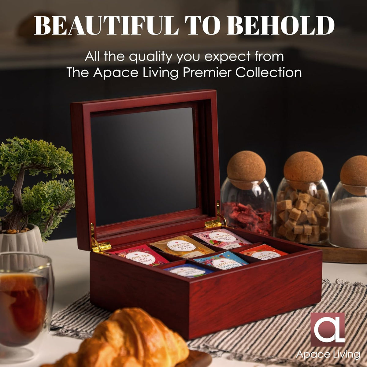 Tea Box - Luxury Wooden Tea Bag Organizer from The Apace Premier Collection - 6 Compartment Tea Storage Chest Container - Elegantly Handmade w/Scratch Resistant Window