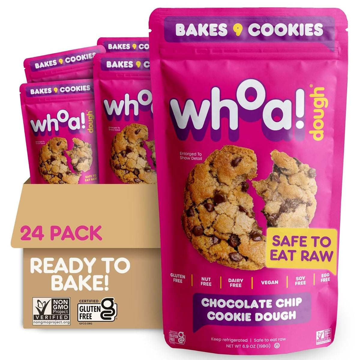 Whoa Dough Ready to Bake Cookie Dough Chocolate Chip – Certified Non-GMO, Kosher, Gluten Free – Plant-Based Snack Dough Made with Real Ingredients – 24 Pack