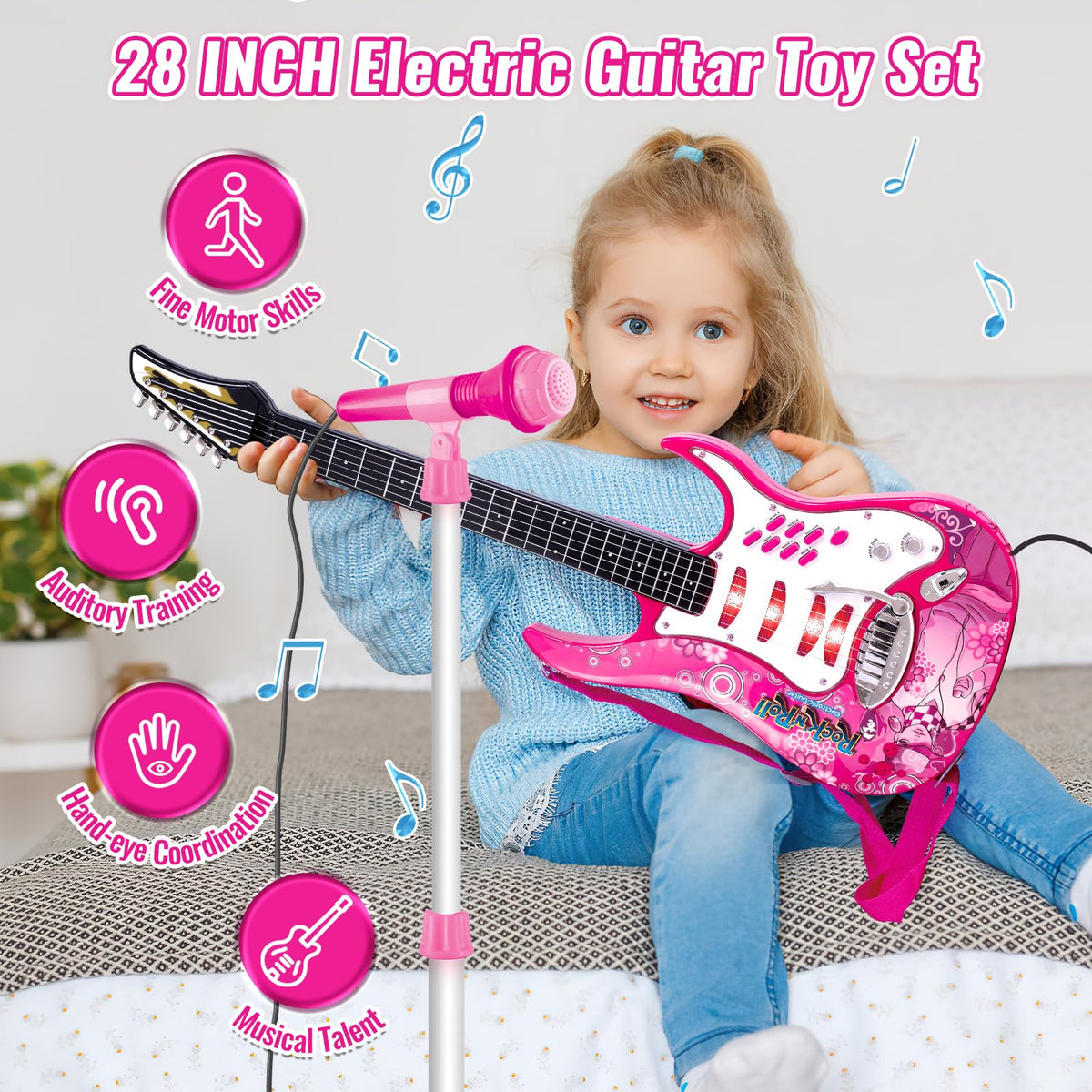 deAO Kids Electric Musical Guitar Toy Set with Mic & Amp,Lights & Sounds