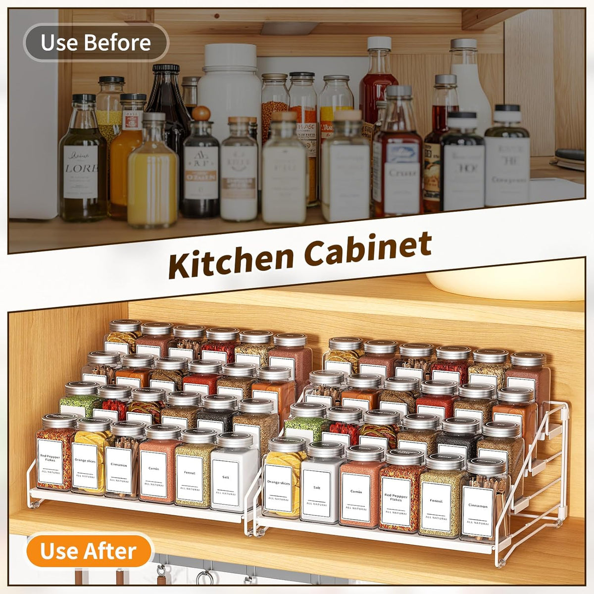 Spice Organization for Cabinet, Spice Rack Organizer, Spice Rack Organizer for Cabinet, Depth Adjustable Seasoning Organzier Organizer for Cabinet, Countertop, Pantry, Metal, White (2 Pack)
