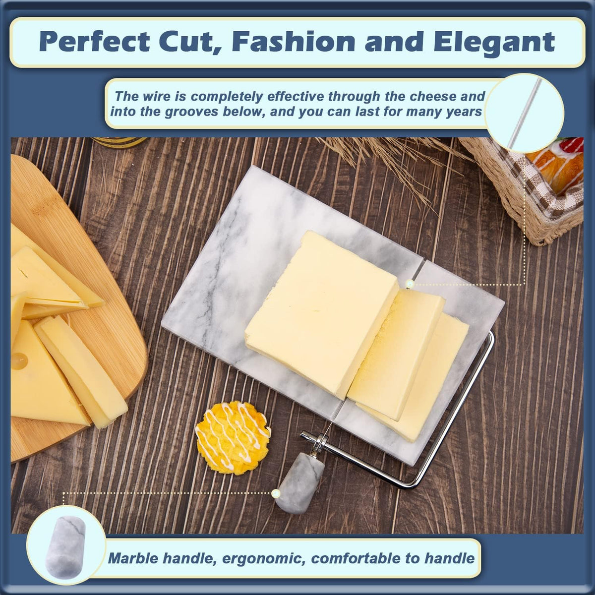 Cheese Slicer, Cheese Cutter Heavy Duty 5" x 8", Polished Marble Cheese Slicer Board for Cut Block Cheeses, Butter, Meats, Other Appetizers (White Grey)