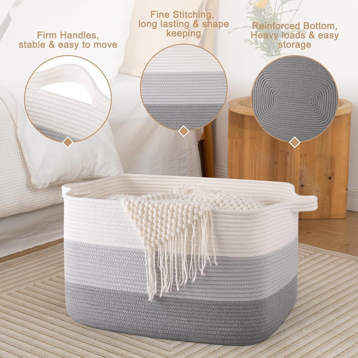 65L Large Storage Basket, Cotton Rope Woven Blanket Basket, Toy Storage for Baby Room, Living Room, Gradient Grey