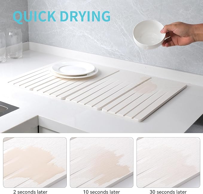 Extral Large Quick Dry Stone Drying Mat for Kitchen Counter,28x16 Inch Collapsible Eco-Friendly Absorbent Diatomaceous Earth Mat for Dishes Cups (White-Upgraded Version, 16x12 inch)