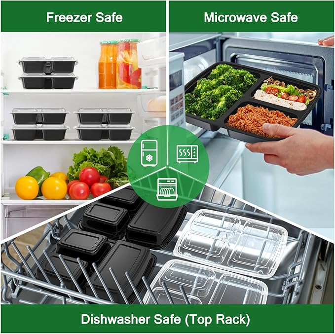 50 Pack (100-Piece) 32 oz Meal Prep Containers Reusable with Lids 3-Compartment, To Go Take Out Plastic Food Storage Containers, Sturdy Leakproof Food Safe, Microwave Freezer Dishwasher Safe, Black