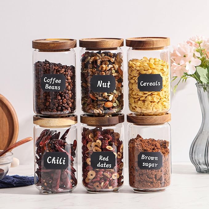 Set of 6 Glass Pantry Storage Jars with Wood Airtight Lid - 23oz Thicken Glass Kitchen Canisters with Reuse Labels&Pen - Glass Food Storage Containers with Wood Lid for Tea,Sugar,Cookie,Coffee