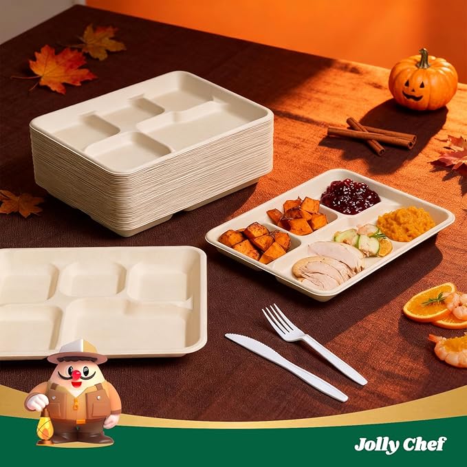 JOLLY CHEF Compostable 𝟱 Compartment Paper Plates 10*8.25*1 𝗶𝗻𝗰𝗵 [𝟱𝟬𝟬 𝗣𝗮𝗰𝗸] Small Heavy Duty Divided Disposable Eco-Friendly Biodegradable Food Trays for School Thanksgiving Day(Brown)