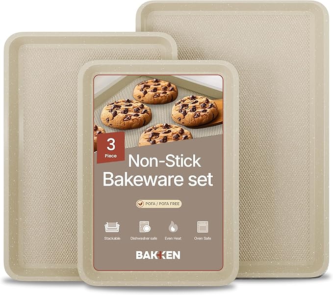 BAKKEN Kitchen Baking Pan - Small, Medium, and Large Cookie Pan (13.58×9.65, 15.75×11, 17.91×12.60), Nonstick, Diamond Texture Bottom, PFOA, PFOS, PTFE Free, Oven Safe (450°F), Pack of 3, White Marble