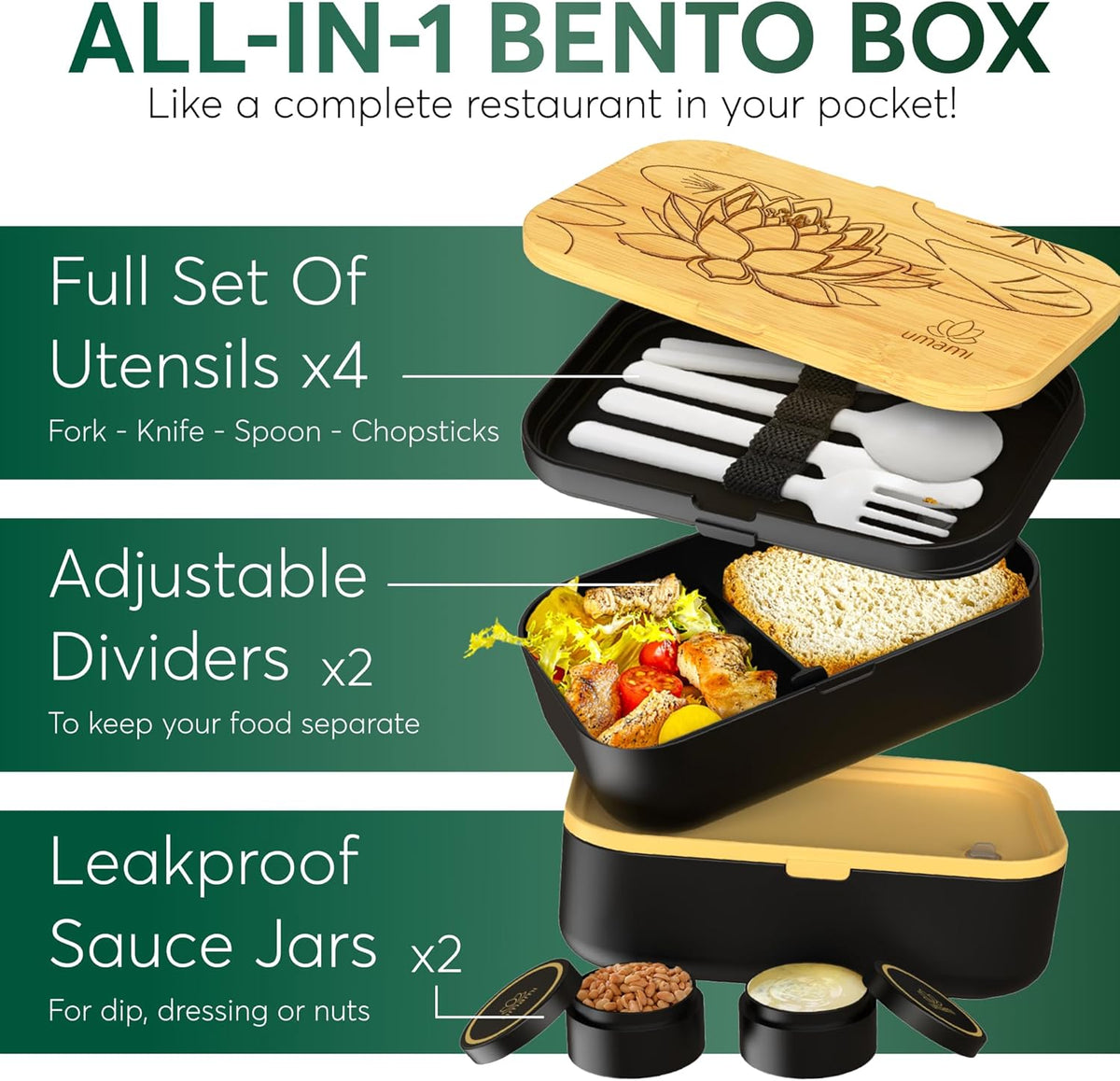 Umami Bento Lunch Box for Men & Women, Black Lotus, 68 oz