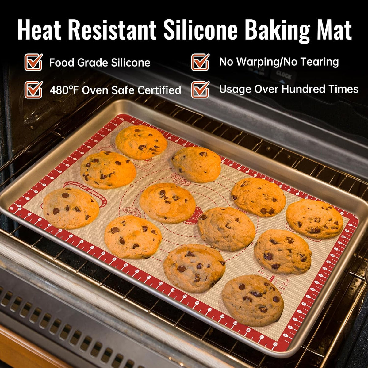 Silicone Baking Mat with Recipes, Extra Thick Silicone Mats for Baking, Non Stick Pastry Mat for Rolling Dough, Silicone Macaron Baking Mat for Cookie,Bread,Pizza,Fondant Mat, Oven&Dishwasher Safe