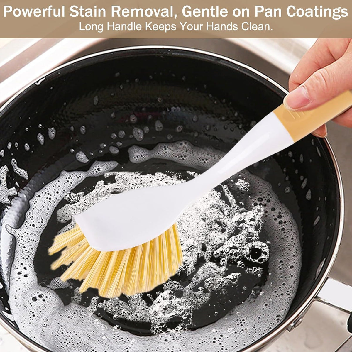 Dish Brush with Detachable Small Steel Wire Brush and Pan Scraper, Home Kitchen Scrub Brushes with Long Handle for Household Cleaning Dishes, Pots, Stovetop, Grill, Sink Scrubber (2-Pack)