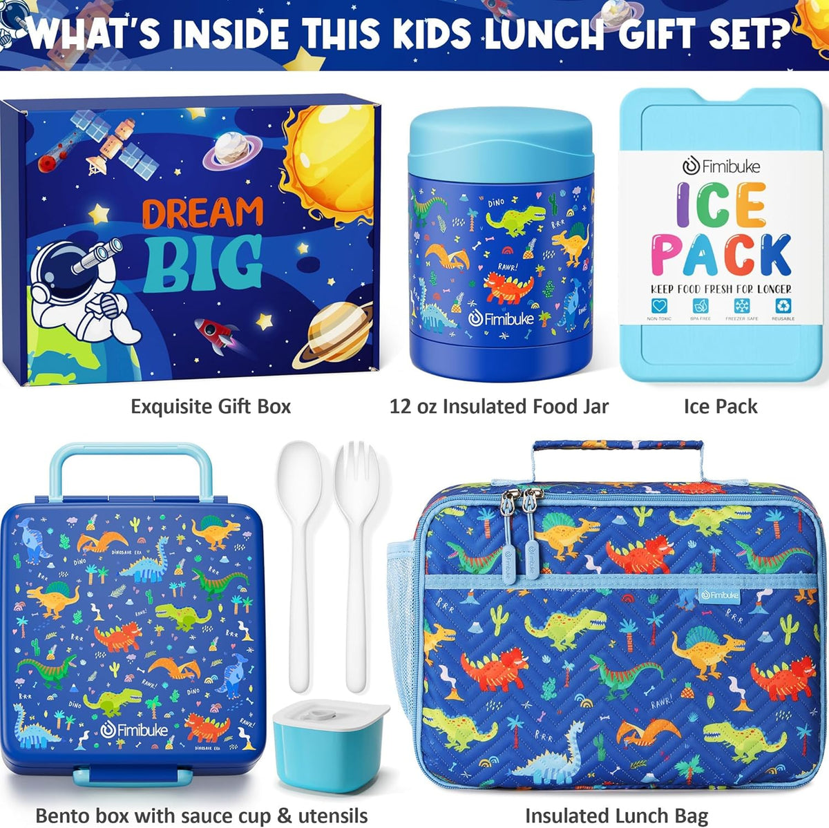 Fimibuke Kids Bento Snack Lunch Box with 4 Compartment, Insulated Bag, Stainless Steel Vacuum Thermos Food Jar, Ice Pack, Utensils Set, Birthday Gift for Age 3-12 Back to School Toddler Girl Boy