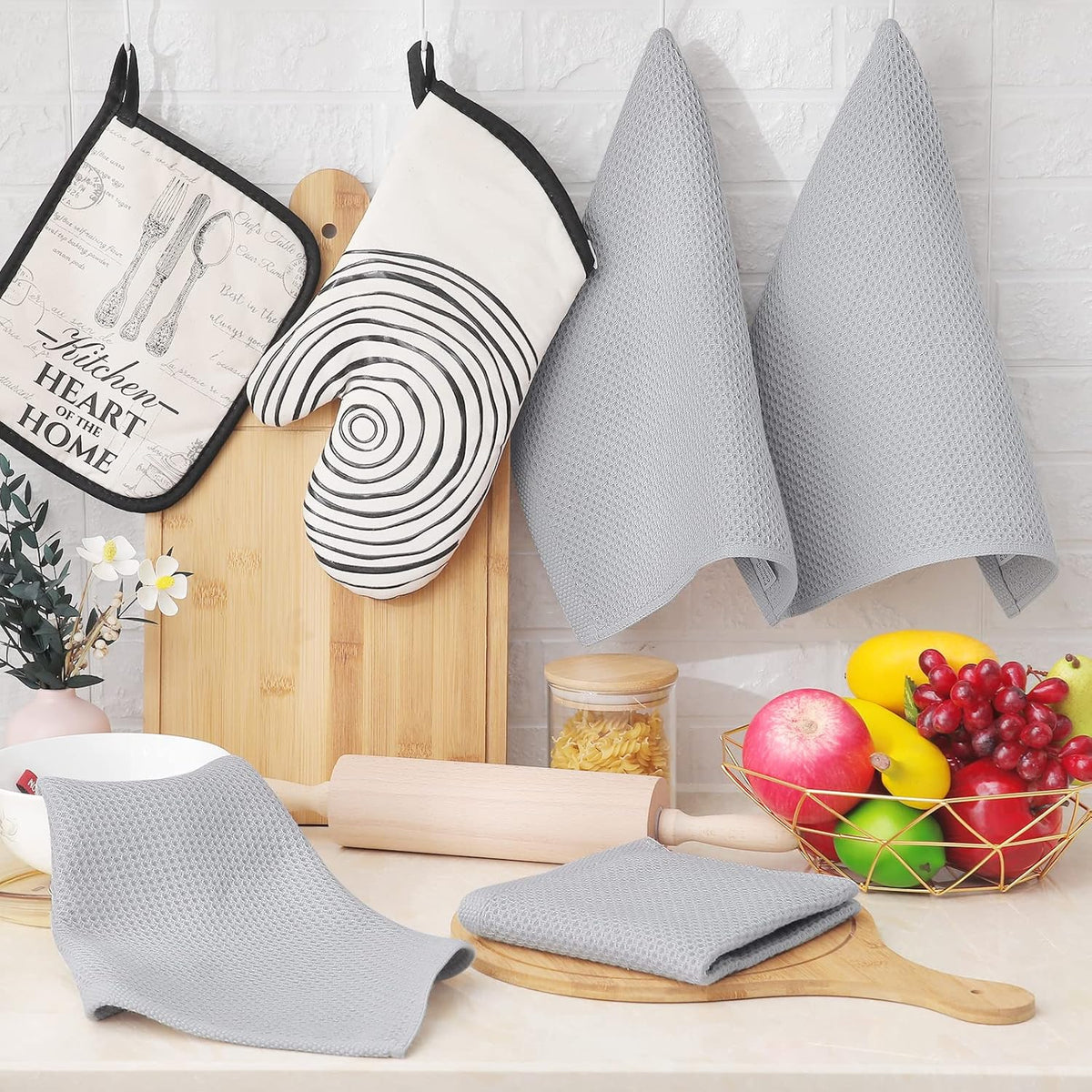 Homaxy 100% Cotton Waffle Weave Kitchen Dish Cloths, Ultra Soft Absorbent Quick Drying Dish Towels, 12 x 12 Inches, 6-Pack, Light Gray