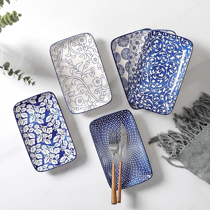 Selamica Ceramic Rectangular Salad Plates Set, Dinner Plate 9.4 Inch Dessert Plates for Party Entertaining, Small Serving Plates for Appetizers, Sushi, Fruit, Set of 4, Vintage Blue