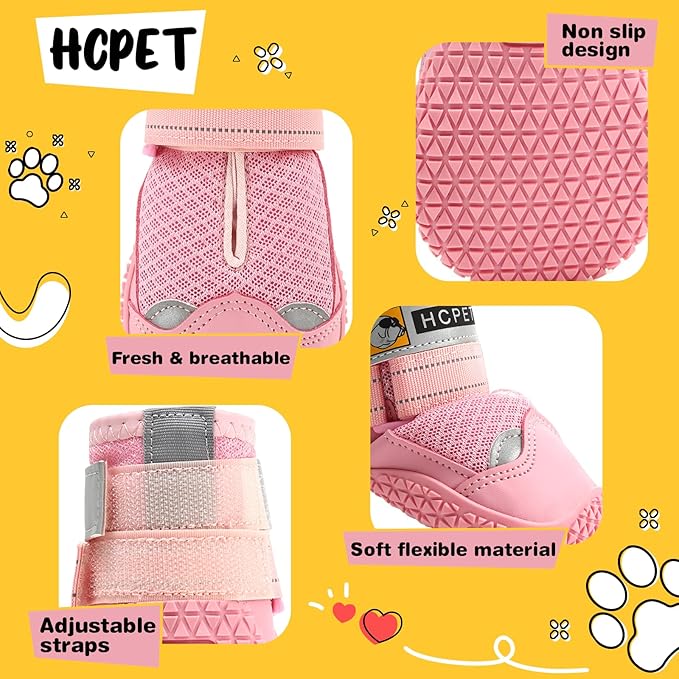 Hcpet Dog Shoes for Large Dogs, Breathable Dog Booties for Small Medium Dogs, Anti-Slip Dog Boots & Paw Protectors for Hot Pavement Winter Snow Hiking with Reflective Straps Pink Size 4