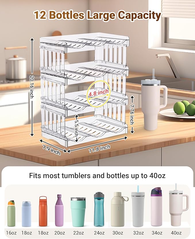 Large Tumbler Organizer for Stanley Cup 40 oz, Patented Kitchen Pantry Organizers and Storage for Stanley Cup Accessories, Stackable Water Bottle Organizer Holder Gifts 4Pack Large-12-bottle